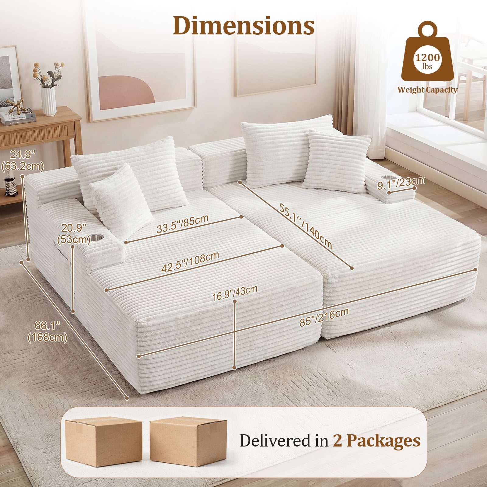 IPKIG 85" Oversized Double Chaise Sofa Bed, Corduroy Upholstered Boneless Cloud Sleeper Loveseat with No Assembly Required in Beige