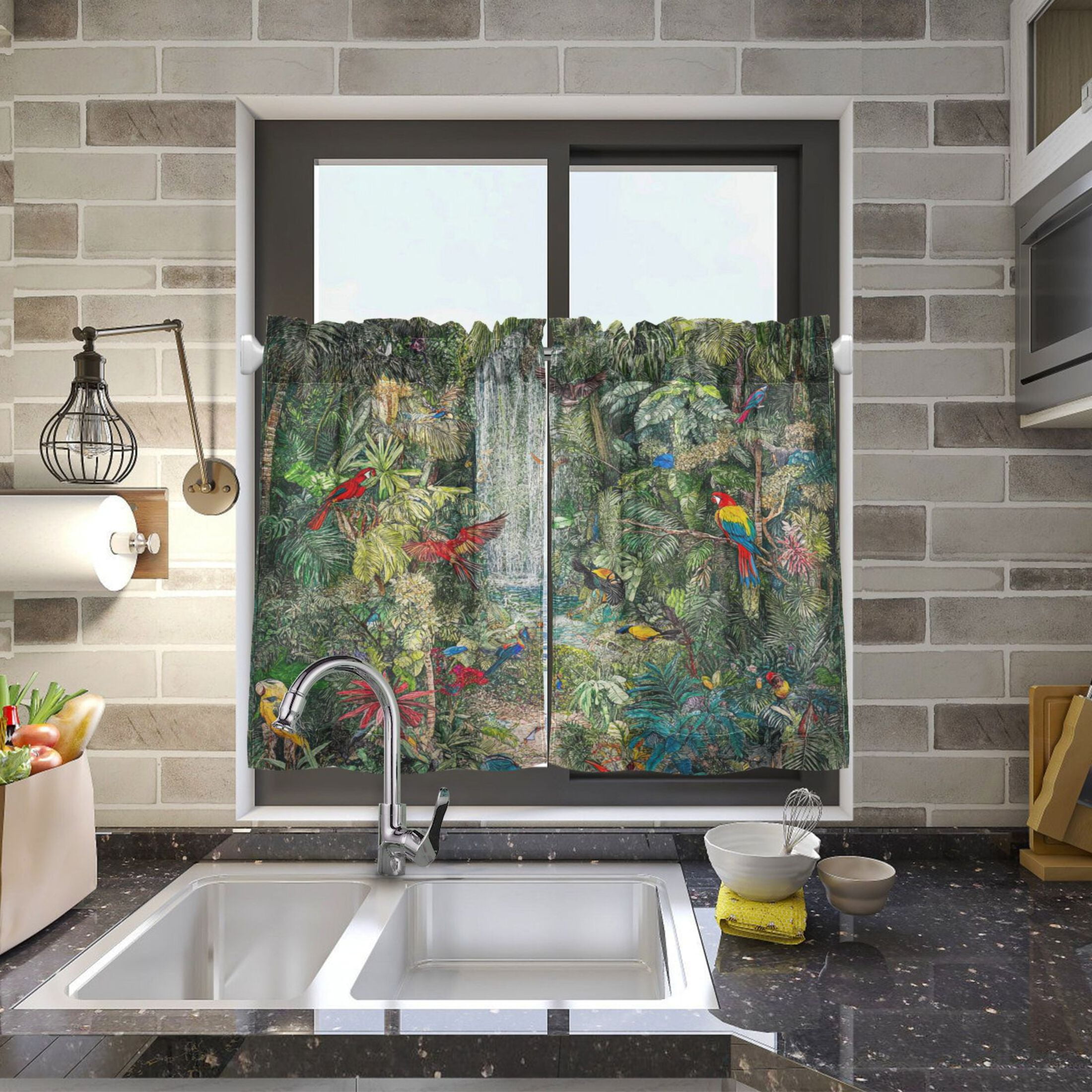 Oil Painting Forest 27"x36" Linen Look Cafe Curtain Set with Privacy and UV Protection