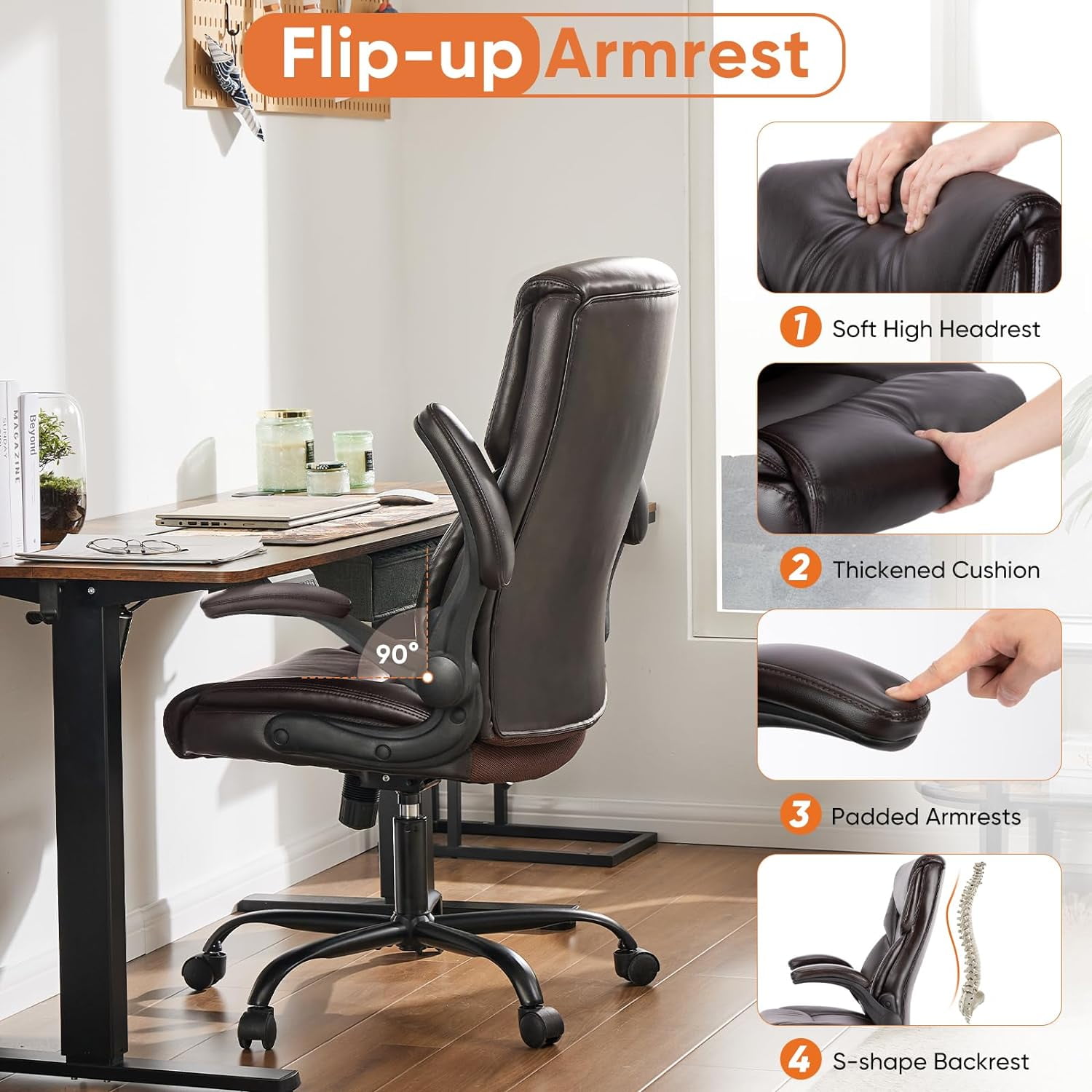 edx Computer Gaming Chair, Ergonomic High Back Heavy Duty Task Desk Office Chairs with Wheels, Flip-up Arms, Adjustable Height, PU Leather, Brown