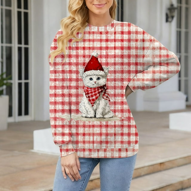 Chandails d'Automne et d'Hiver Grande Taille pour Femmes, Col Rond, Manches Longues, Haut Imprimé Père Noël, Chandails à Capuchon Amusants, Rose G