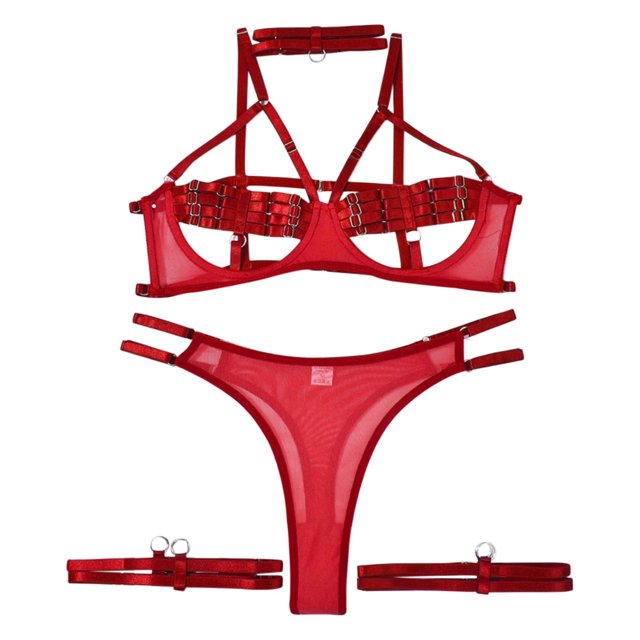Gibobby Ropa interior mujer sexy Conjunto de sujetadores sexy súper push-up para mujer, lencería transparente, brasier de encaje y bragas a juego para mujer(Rojo, G)