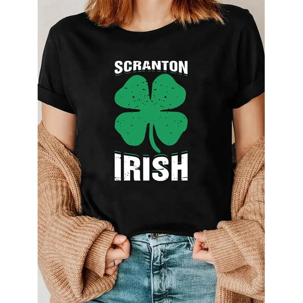 Scranton Irish Festival Women's Black T-Shirt with Green Clover Print - Casual Crew Neck, Short Sleeve, Machine Washable for Spring & Summer