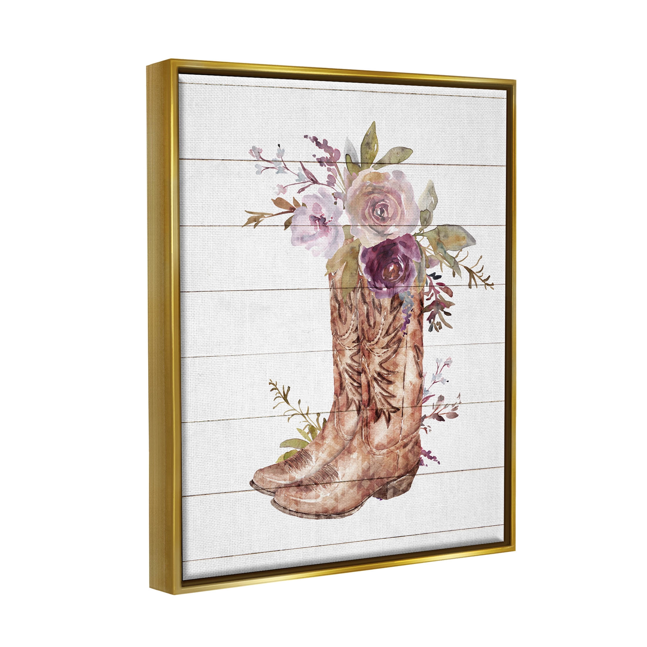 Stupell Industries Country Cowboy Boots Flower Bouquet Graphic Art Metallic Gold Floating Framed Canvas Print Wall Art, Design by Nina Blue