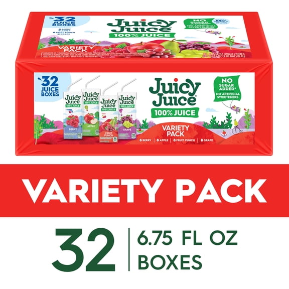 Juicy Juice 100% Juice, Shelf Stable Juice Box Variety Pack, 32 Count, 6.75 fl oz Boxes