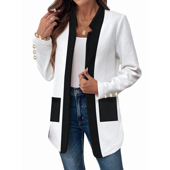 Long Sleeve - Collar Black and White Color Matching Jacket Outfit for Women Basic Fall Winter White S