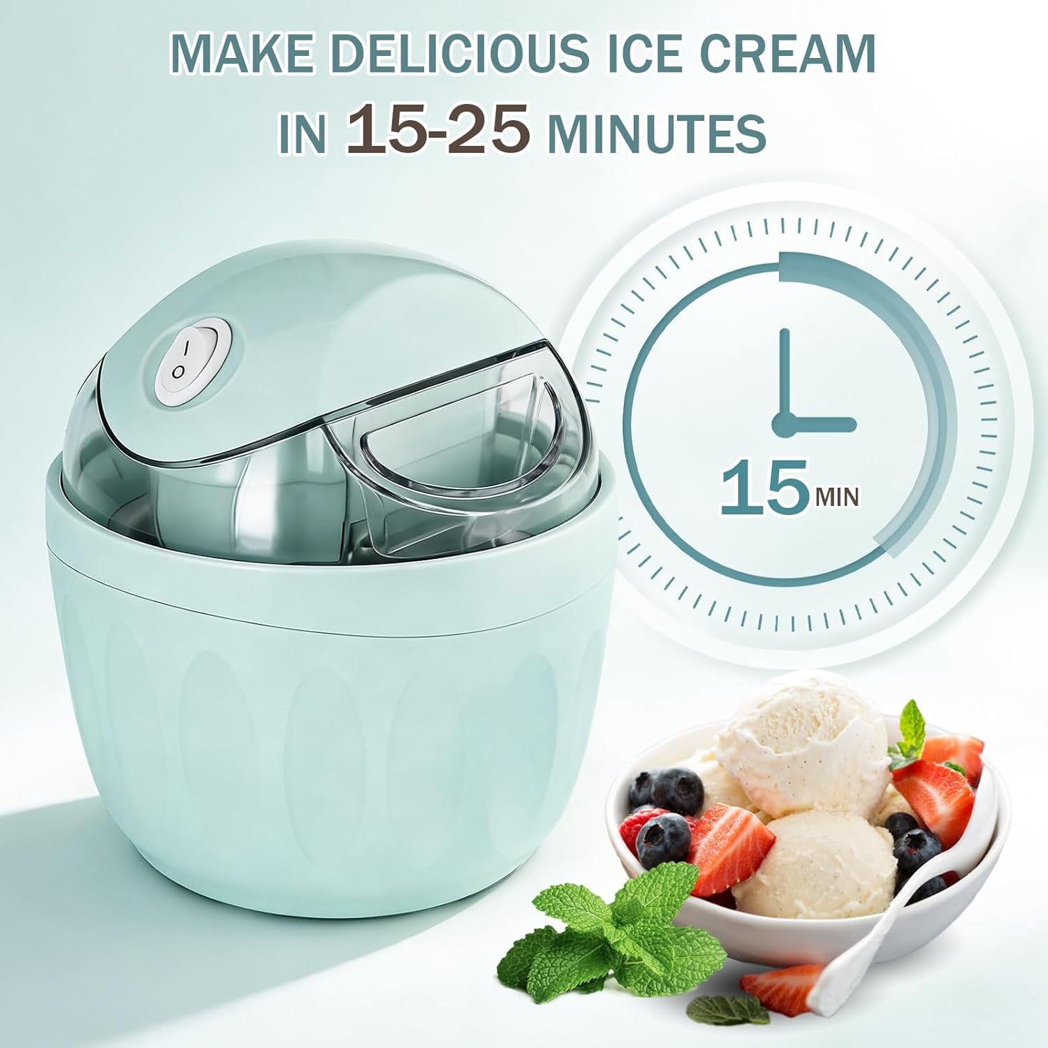 Mini Ice Cream Maker DIY Frozen Desserts, Single Serving Gelato Yogurt, One-Touch Electric Kitchen Maker Fast in 15 Minutes