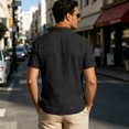 thumbnail image 5 of Men's Linen Shirts Short Sleeve Stand Collar Lace Up T Shirts Casual Lightweight Breathable Relaxed Fit Summer Tees, M, 5 of 7