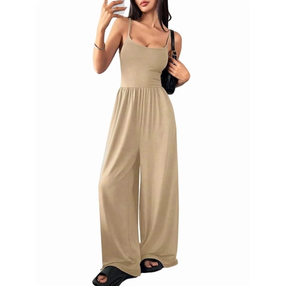 Women's Wide Leg Spaghetti Strap One Piece Baggy Pants Outfit Jumpsuit Romper for Summer Khaki S