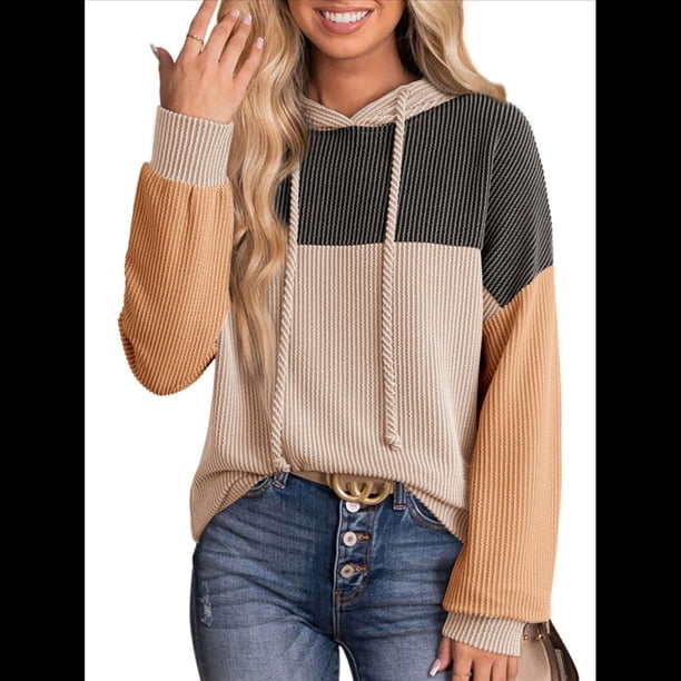 Sudadera con Capucha para Mujer, de Gran Tamaño, con Bloques de Color, Larga y Cordón Ajustable, Estilo Casual, Otoño 2025 Caqui Negro L