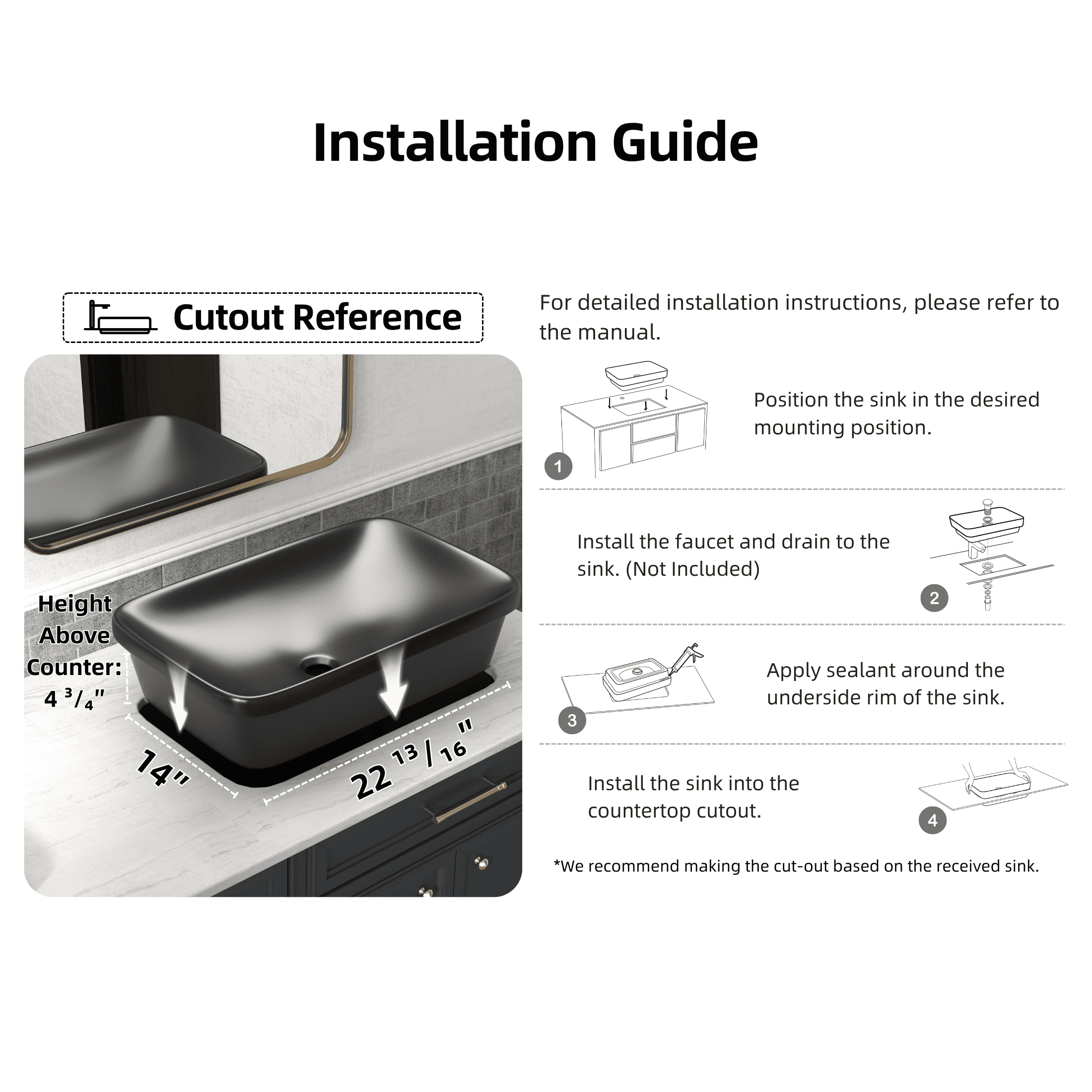Los Flexi 24"x15" Matte Black Rectangle Semi-Recessed Bathroom Sink with Pop-Up Drain, No Overflow