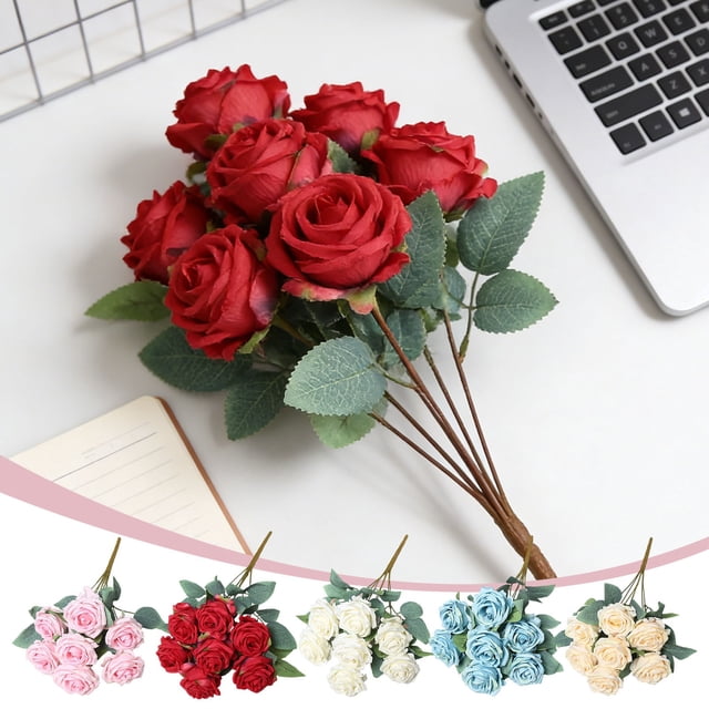 Ramo de flores de rosas artificiales 7 cabezas – Rosas falsas de seda con tallos y hojas para ramos de boda, centros de mesa, decoración de oficina en casa y arreglos florales caseros