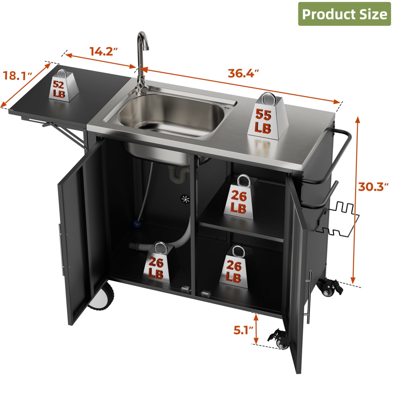 Outdoor Grill Cart with Sink, Rolling Kitchen Island Cabinet with Wheels, Metal Grill Table Kitchen Sink Station with Foldable Top and Storage Cabinet, Black