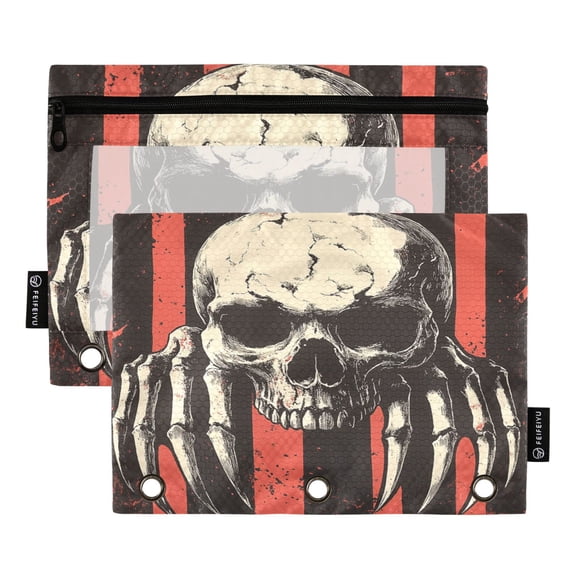 2 Pack 3 Ring Binder Pouch with Clear PVC Window Water Resistant Zipper Pencil Pouch Red Black Stripes Skull Art Binder Pocket for Classroom Office Home Stationery Organization