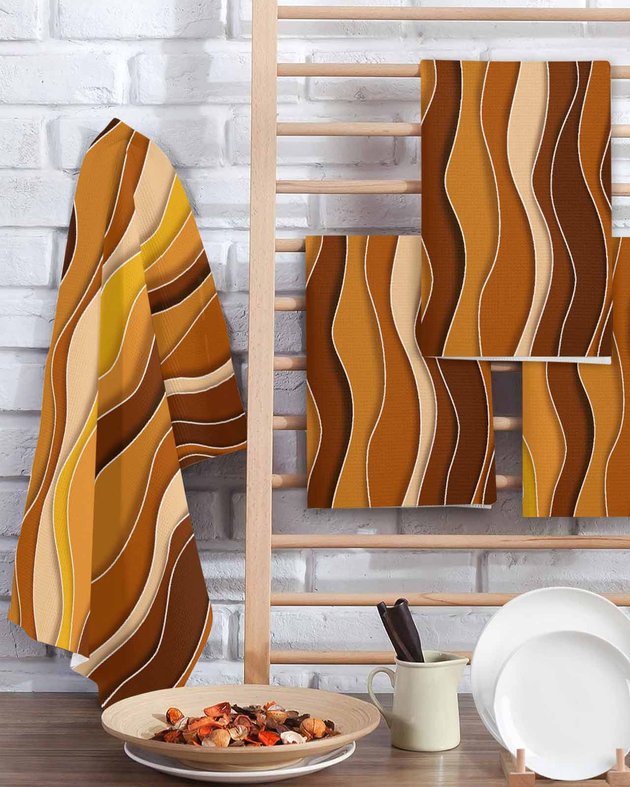 Burnt Orange Ombre Kitchen Dish Towels for Drying Dishes Set of 4, Abstract Art Moire Ocean Waves Waffle Weave Microfiber Terry Hand Tea Bathroom Towels Quick Dry & Absorbent Towel 15.7x23.6