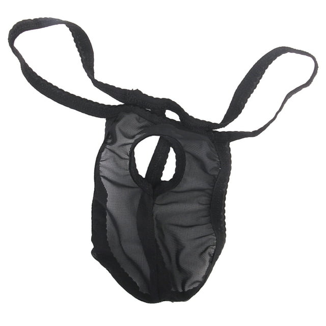 hombres malla abierta g- bolsa posando correa ropa interior tangas pantalones negro talla única cintura 22 pulgadas (56 cm) vista frontal centrada de tanga de malla negra con bolsa abierta circular frontal, costura elástica y tiras delgadas sobre fondo blanco; a menudo usado en ocasiones íntimas y también apto como pieza de vestuario para sesiones fotográficas.