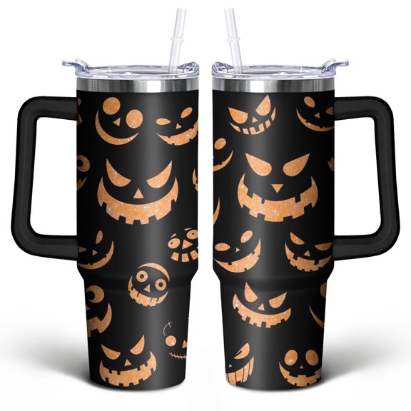 Halloween Emoji Orange Sequins 30 Oz Tumbler with Handle Lid and Straw, Stainless Steel Double Walled Vacuum Insulated Cup, Cute Birthday Gifts Tumbler for Women Men Friends