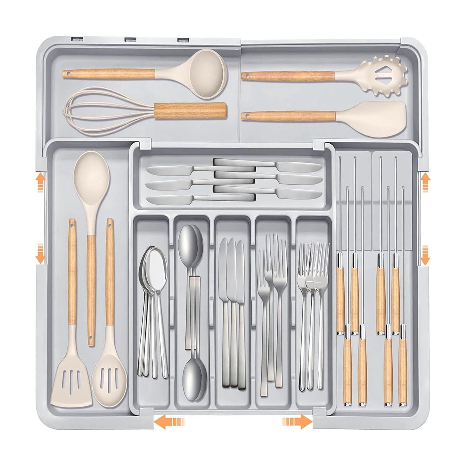 Rirozkan Drawer Organizer, Expandable Drawer Organizer, Adjustable Kitchen Utensil Tray, Cutlery Holder Storage Box for Kitchen Drawers Cabinet Countertop