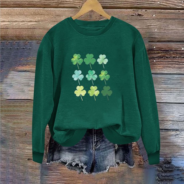 Jsaierl Sweatshirts pour Femmes Jour de la Saint-Patrick Imprimé Trèfle Chanceux Pulls Décontractés Manches Longues Col Rond Hauts Tendance Sweatshirt de Vacances