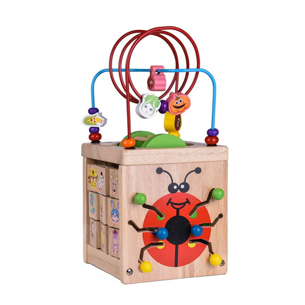 Fun Little Toys Kids Wooden Activity Cube, Bead Maze Activity Center for 1  Year Old Boys and Girls, Around Circle Educational Skill Improvement Wood  
