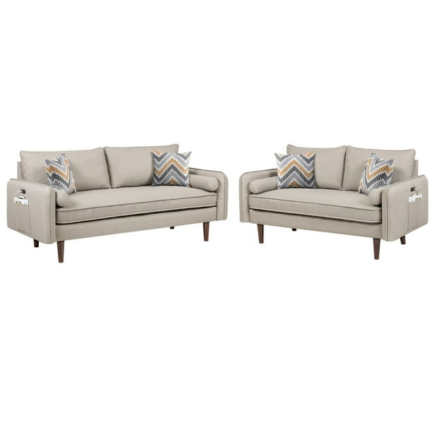 5 75 Cream Beige Mid Century Modern Sofa And Loveseat Living Room Set With Usb Charging Ports Pillows Com Mid Century Modern Sofa, 2 Piece Mia Sofa And Loveseat