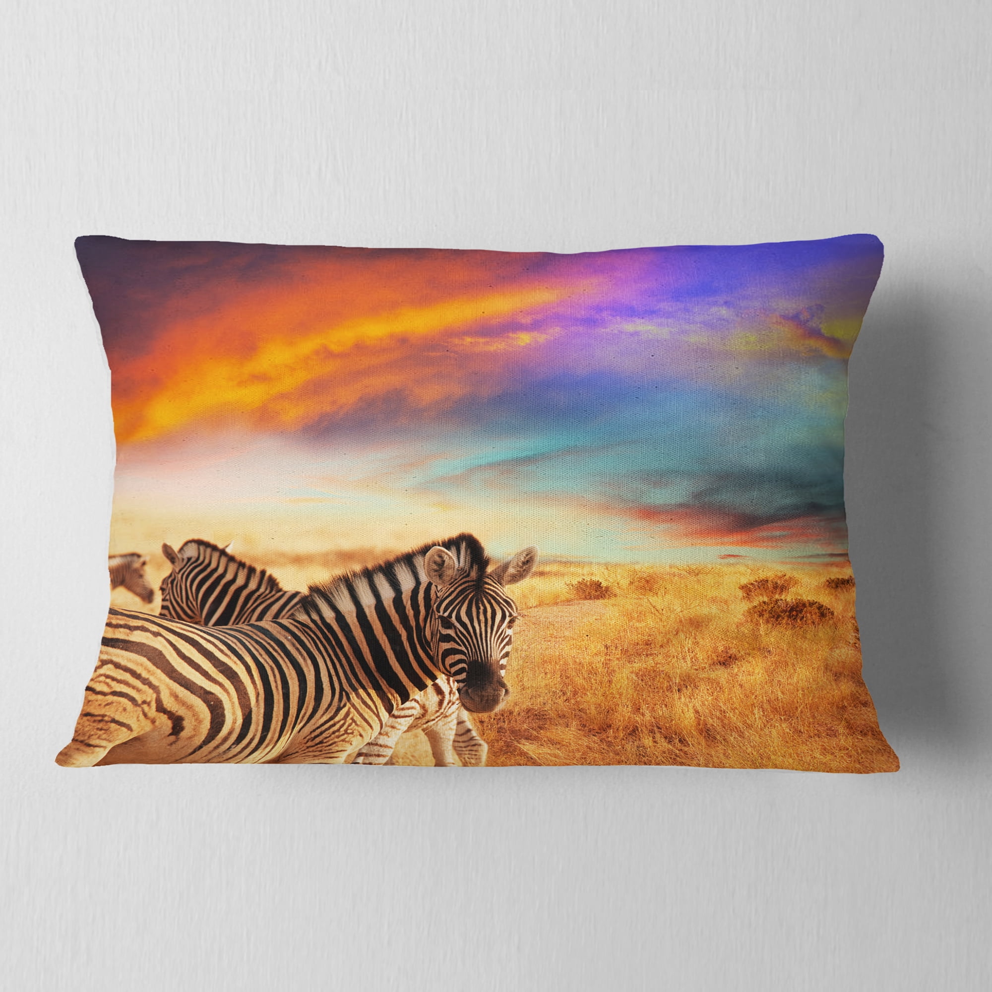 Designart Zebras in Bush under Colorful Sky - African Throw Pillow - 12x20