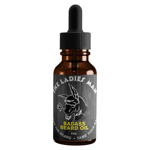 Aceite para el cuidado de la barba Badass para hombres, aroma The Ladies Man 1 oz, todos los ingredientes naturales mantienen la barba y el bigote suaves y saludables