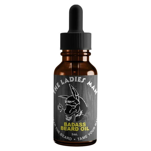 Aceite para el cuidado de la barba Badass para hombres, aroma The Ladies Man 1 oz, todos los ingredientes naturales mantienen la barba y el bigote suaves y saludables