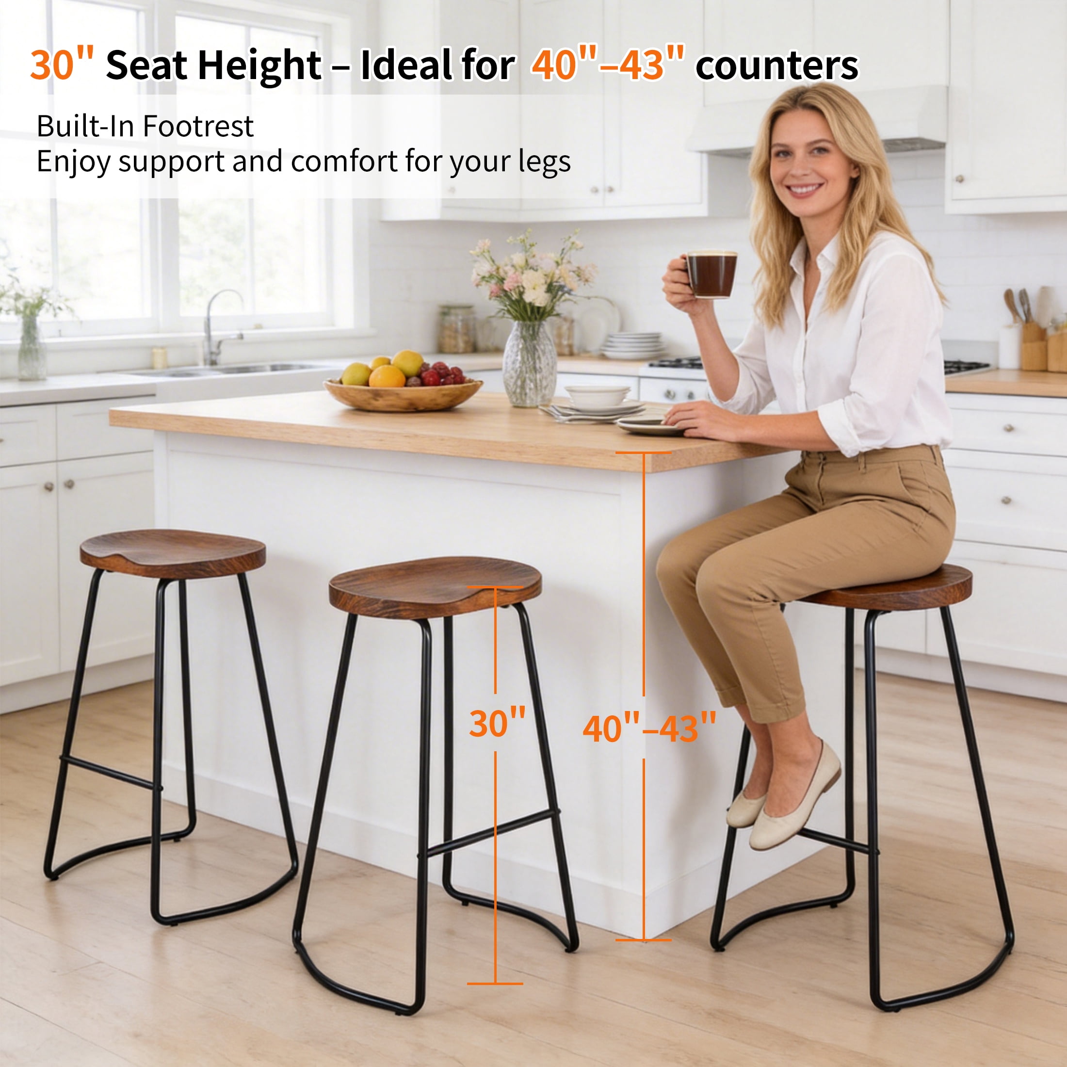 FIRAVOE Bar Height Bar Stools (Saddle Seat Backless) Barstools Set of 2, 30" Rustic Wooden Counter Stools Kitchen Stools