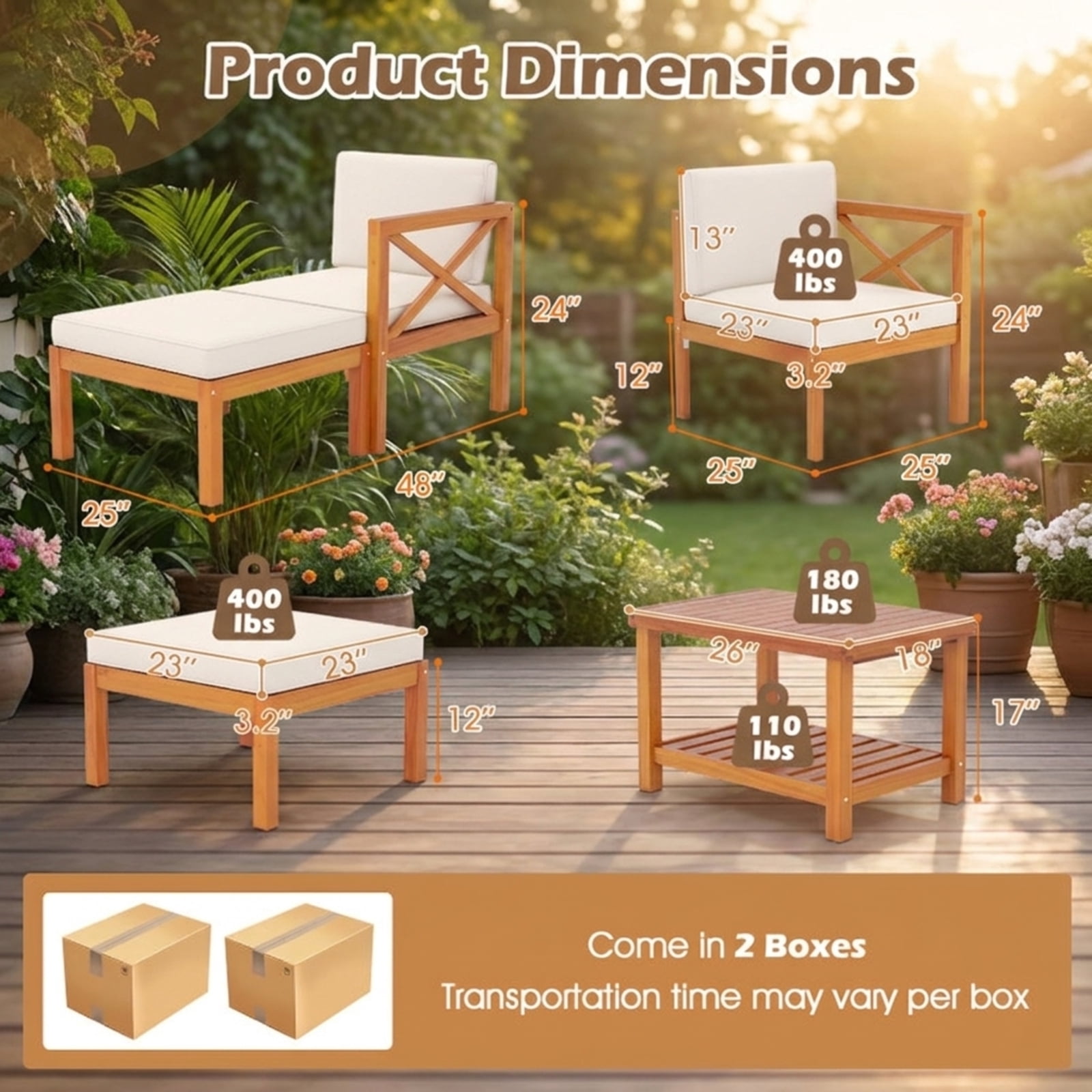Furnibear 5 Piece Acacia Wood Patio Lounge Chair Set Outdoor Sofa Conversation Set with Ottomans Cushions and Coffee Table for Backyard, White