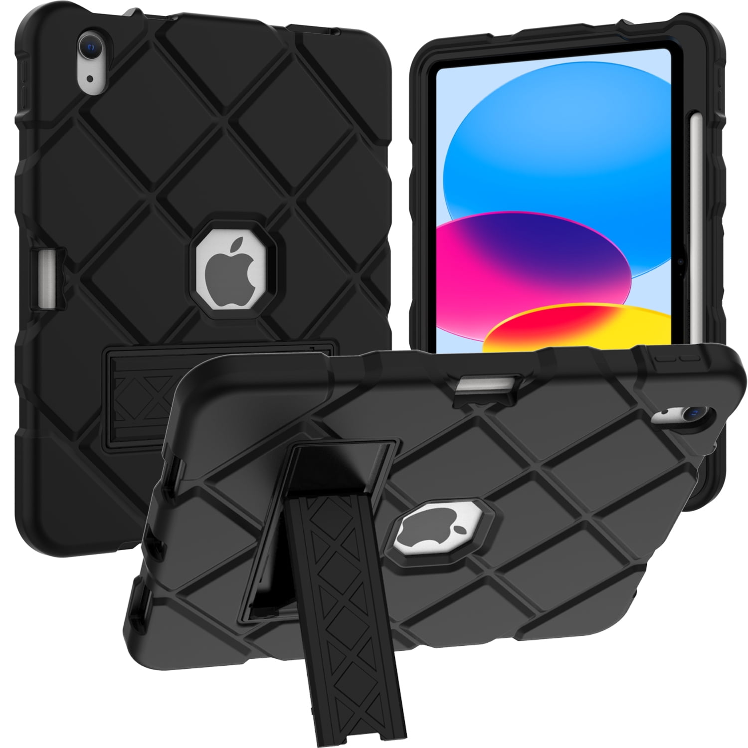 Dteck Case for iPad 10th Generation 10.9 inch 2022,Heavy Duty Rubber Rugged Hybrid Shockproof Hard Case Built-in Pencil Holder Kickstand Cover,Black