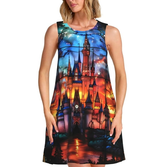 Bixox Magical Stained Glass Castle Print Women's Sleeveless A-Line Dress with Pockets, Casual Knee-Length Tank Dress for Summer-Large
