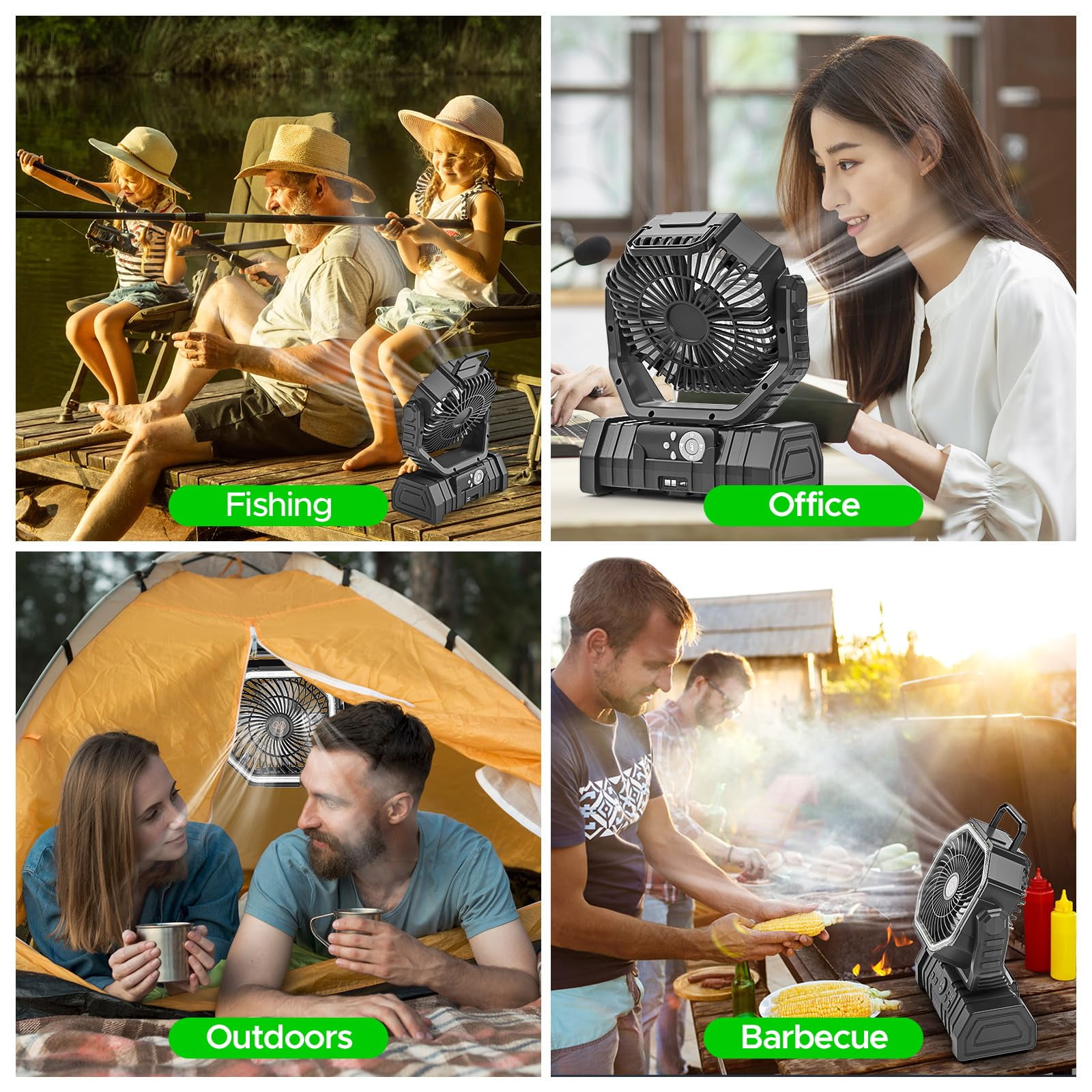 Camping Fan,20000mAh Rechargeable Battery Operated Outdoor Tent Fan with LED Light & Foldable Hook, 4 Speeds with 270° Rotate Pivot for Camping, Barbecue, kitchen, Fishing Construction Sites