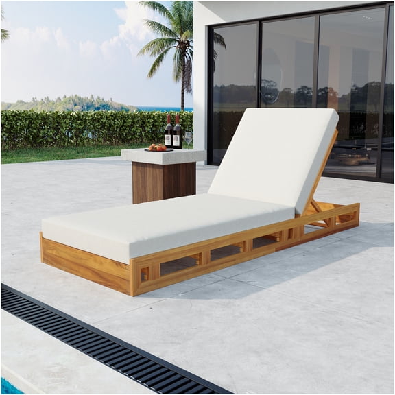 JERFIT Acacia Wood Adjustable Chaise Lounge with 4" Thick Cream Water-Resistant Cushion for Outdoor Patio Poolside