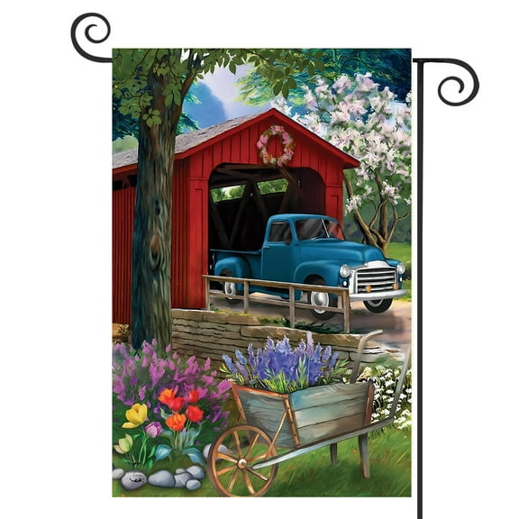 DMERBYL Bridge in Blooms Spring House Flag Floral Pickup Truck 12" x 18"
