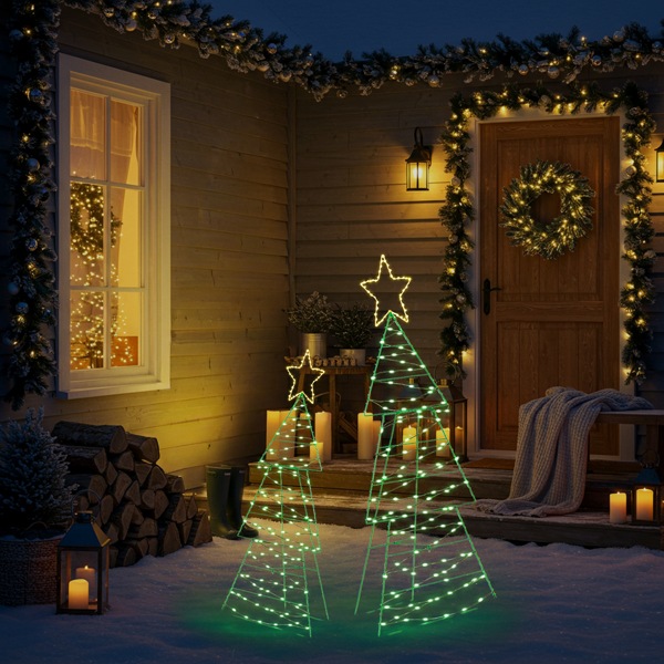 2-Pack Lighted Christmas Trees, 150 Warm White LEDs, Metal Wire Frame with Star Topper, for Indoor, Outdoor Porch, Garden Decor