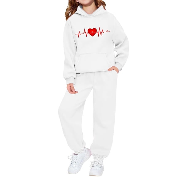 xaoyunyn 2 Piece Tracksuit Outfits for Girl Solid Color Heart Print Sweatshirt Long Jogger Pants Set with Pockets 2-13 Years