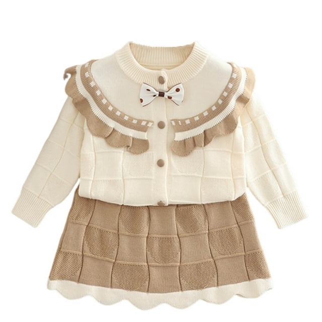 WRKEKC Ensembles d'Hiver pour Filles Cardigan Tricoté à Manches Longues à Col Décoratif et Jupe Midi Ensemble Robe 2 Pcs pour Filles 1 - 8 Ans