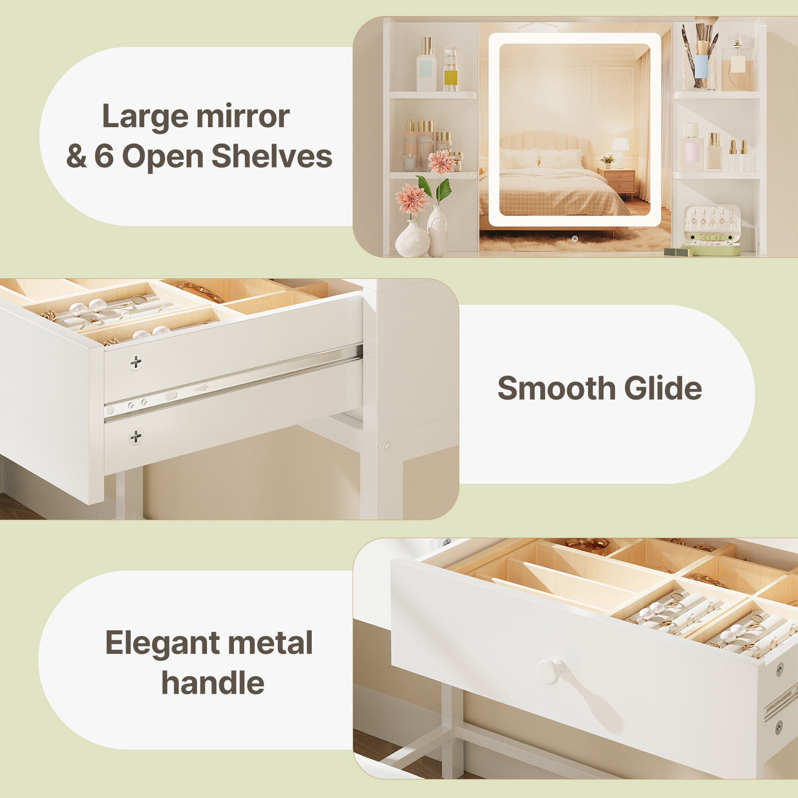 Vanity, White Lighted Vanity with Mirror, Makeup Vanity with Adjustable Lighting, 2 Storage Drawers, 6 Storage Shelves for Girls Perfect Gift