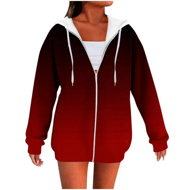 WRKEKC Womens Zip Up Hoodie Gradient Print Raglan Sleeve Hooded Sweatshirt with Drawstring Side Pockets Long Sleeve Fall and Winter Outerwear