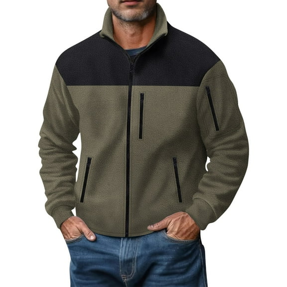 Fleece Jackets for Men with Zipper Pockets Long Sleeve Zip Up Sherpa Sweatshirts Mens Casual Color-Block Thermal Warm Mock Neck Outerwear Coats