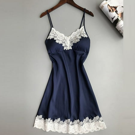 

ALSLIAO Women Lingerie Silk Lace Slip Robe Dress Nightgown Sleepwear Nightdress Navy L