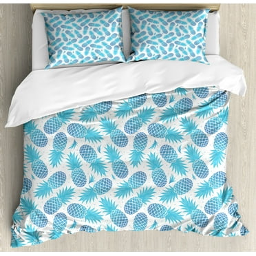 Pineapple Queen Size Duvet Cover Set, Foliage Silhouettes Exotic Fruits Eighties Vintage Design Inspirations, Decorative 3 Piece Bedding Set with 2 Pillow Shams, Blue and Pale Blue, by Ambesonne