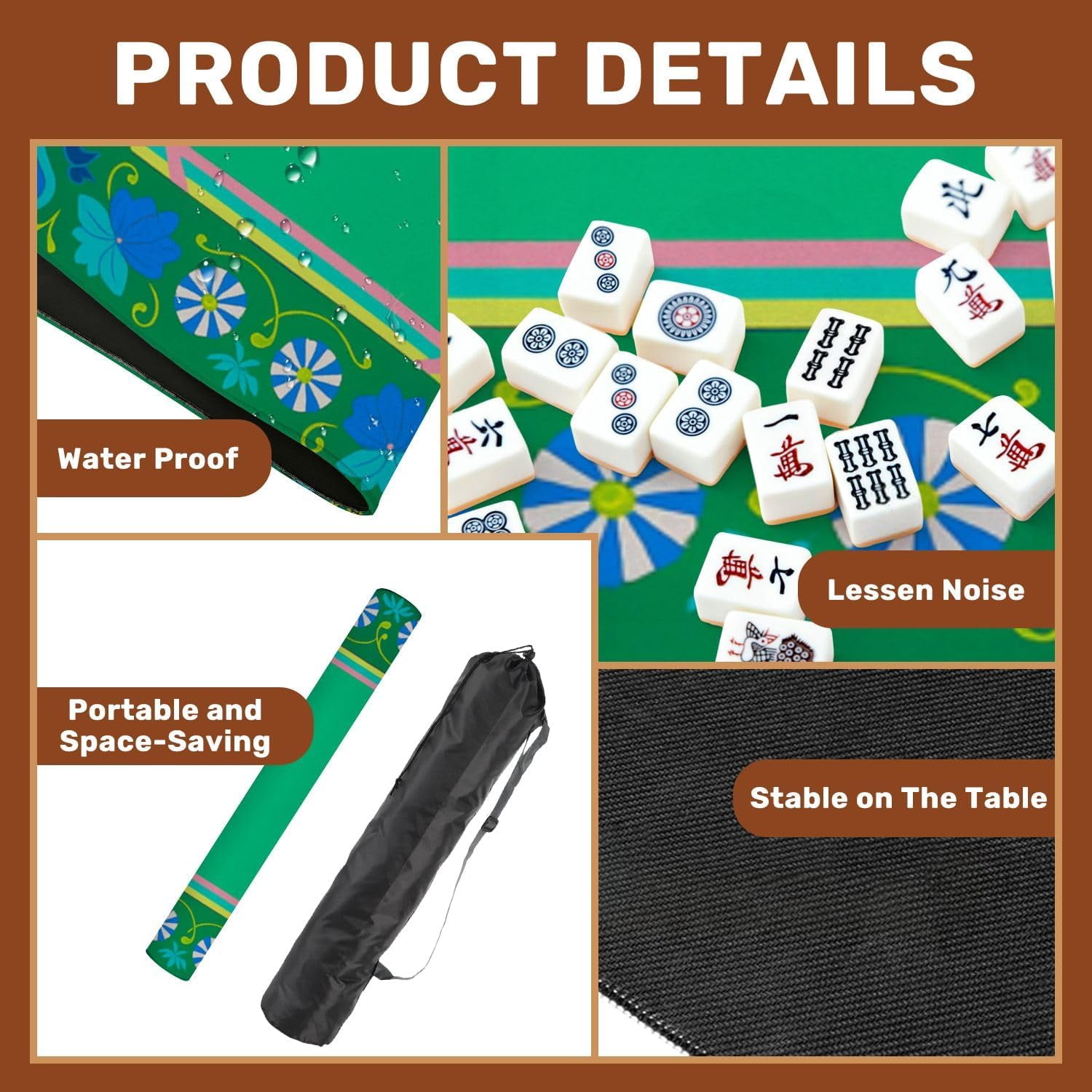 Mahjong Mat with Carrying Bag 31.5" x 31.5" Non-Slip Noise Reduction Abstract Floral Motifs Vibrant Colors Table Mat for Mahjong Poker Dominoes Card Board Tile Games