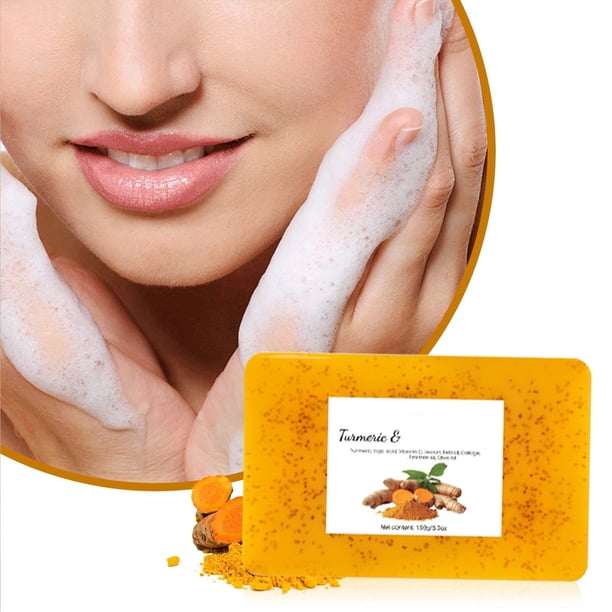 Fiudx Jabón de Cúrcuma, Barra Limpiadora Natural Jengibre, Espuma de Limón para Una Tez Más Luminosa, Exfoliante Suave con Especias, Cuidado Facial y Corporal, Uso Diario, 150 G