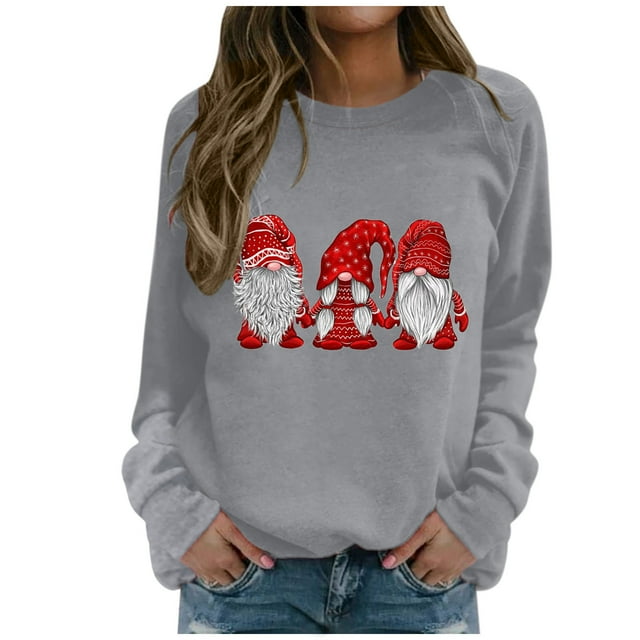 Chandail en Molleton d'Hiver pour Femmes Mi-Longueur Blouse Ample Chaude Col Rond Cardigan Pull Imprimé Noël Chandail à Capuchon Mode
