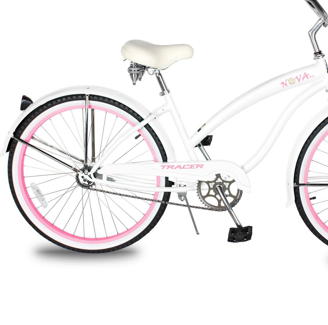 WonderWheels Beach Cruiser Shimano Tx-35 7 Speed Bicycle, Bike, V-Brake Stainless Steel Spokes One Piece Crank Alloy Purple Rims 36 H With Fender - White