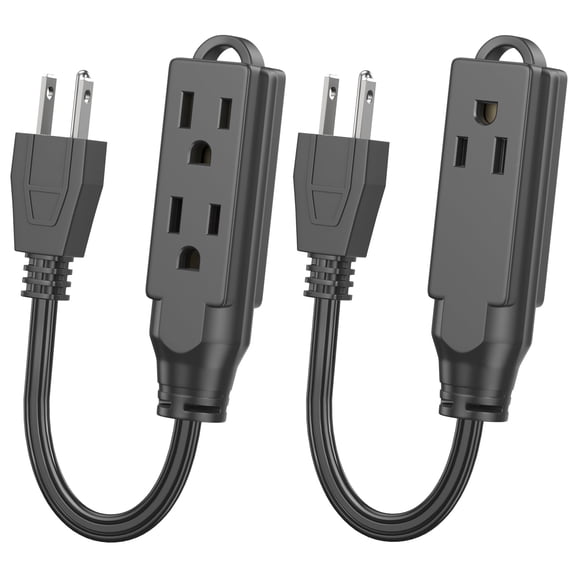 HITRENDS 1ft Short Power Extension Cord, 3 Outlet 3 Prong Grounded, 16AWG 13A 125V 1625W, Black 2‑Pack