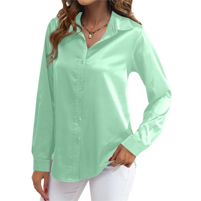 Blusas de Satén para Mujer, Camisas de Seda con Botones, Blusas Informales de Larga para Negocios Verde XXL