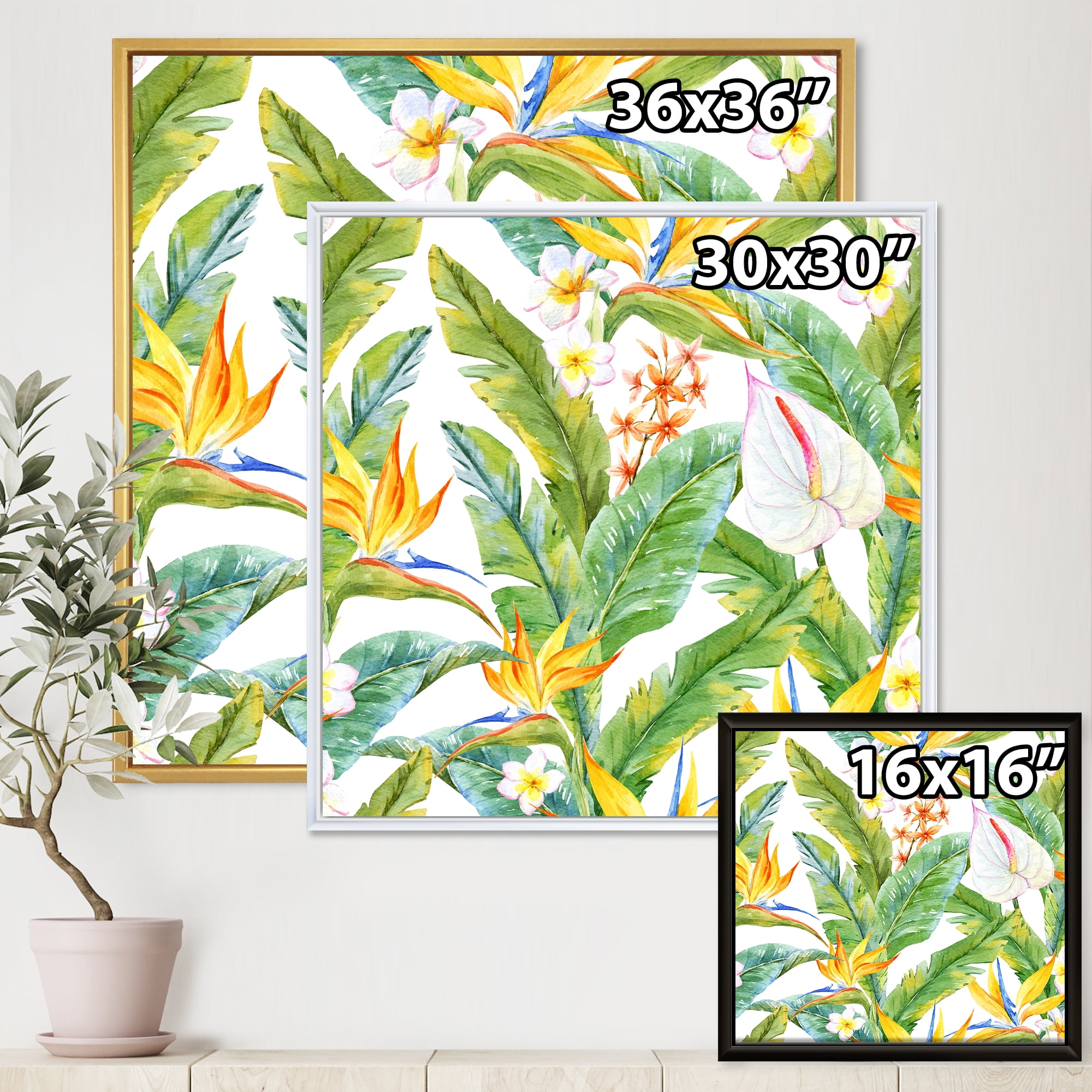 Yellow Flowers and Tropical Foliage II 16 in x 16 in Framed Painting Canvas Art Print, by Designart