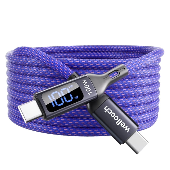 Wellooch 100W USB-C to USB-C Cable with LED Digital Display, 6ft, Purple - Cloth Braided Fast Charging Cord
